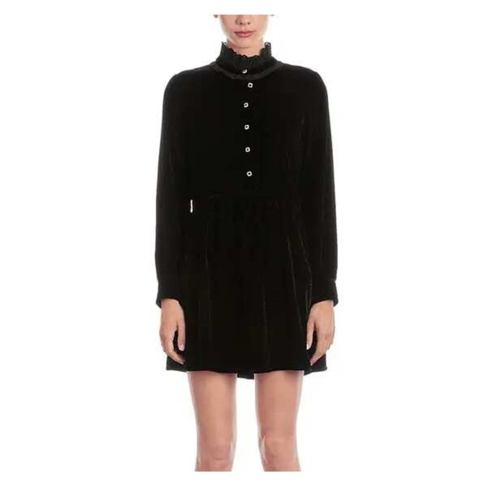 The Kooples Black Velvet Stand Collar Mini Dress Lace Trim Crystal Button Size 6